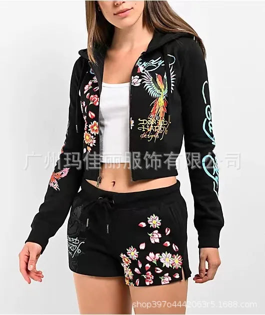 Sifreyr Street Printed Fashionable Casual Versatile Shorts Set Hooided Long Sleeved Zipper Cardigan Jacket High Waist Suit