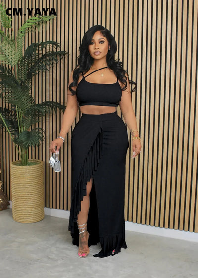 CM.YAYA Summer Women Sets Sleeveless Sexy Strap Crop Top and Tassel Long Skirt Sets Night Club Party Beach 2 Two Piece Sets