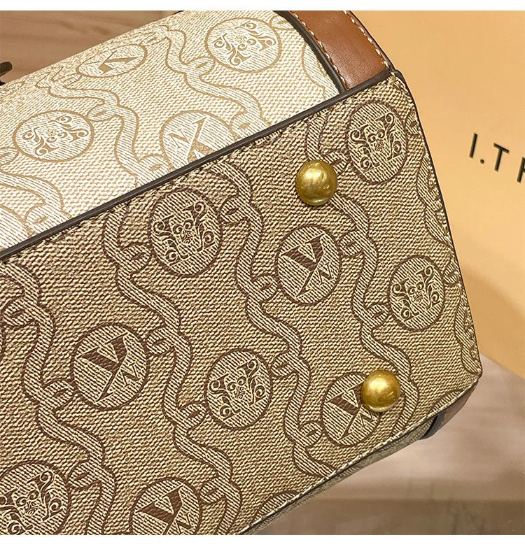 Khaki Retro Leather Women's Handbag Fashion Geometric Floral Girls Shoulder Bag Hundred Splicing Color Collision Girls Crossbody