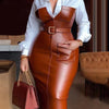 Womens Shirt Collar Dresses New Autumn Buttons Long Sleeve PU Leather Patchwork Pocket Skinny Belted Lapel Female Midi Dress