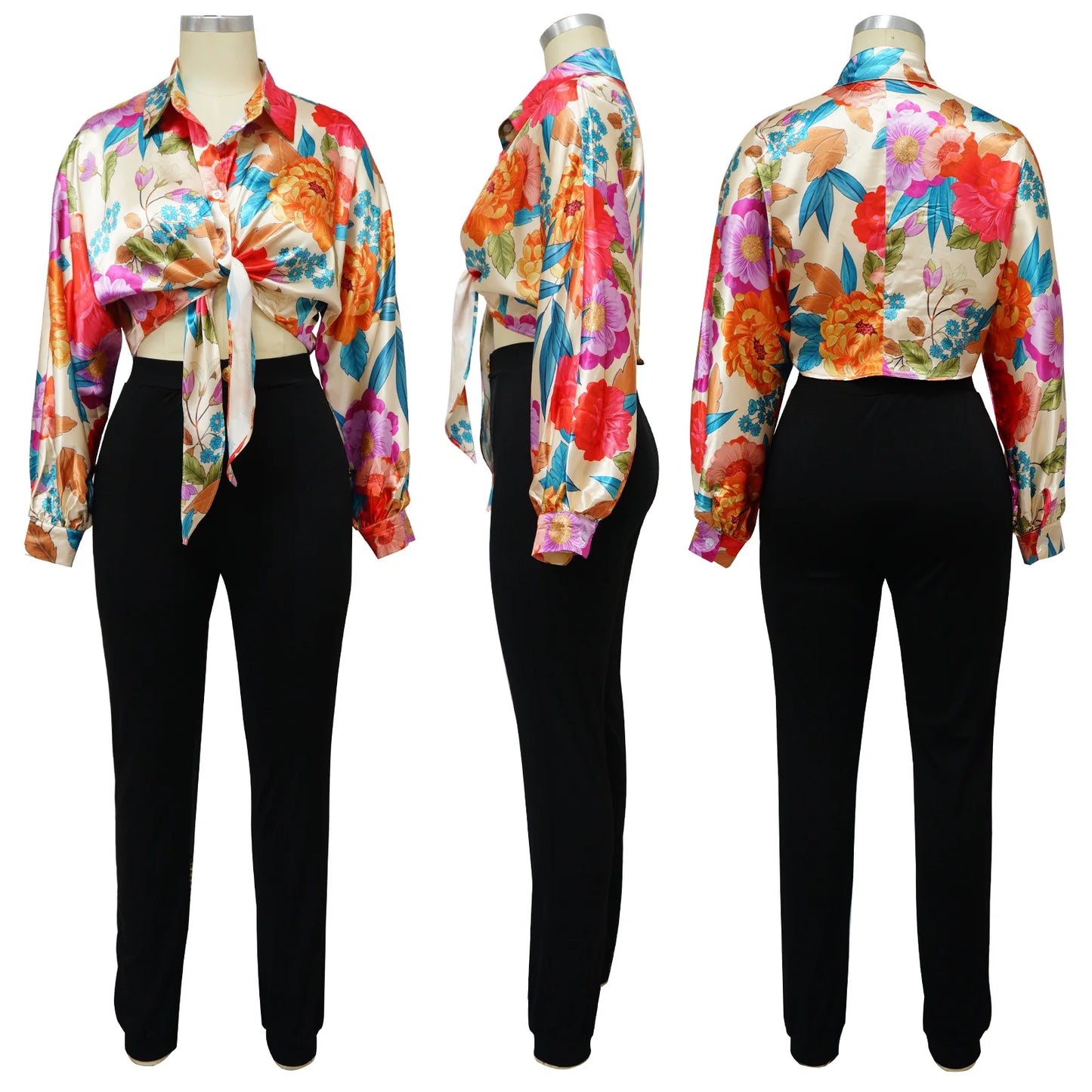 Women Imitation Silk Printed Casual Shirt Top Women Lantern Long Loose Blouse Female Clothes
