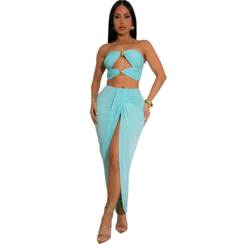 VEITCHE Summer Women Hollow Metal Buckle 2 Piece Skirt Sets Sexy Ruche Tops And Split Maxi Skirt Matching Clubwear Outfits