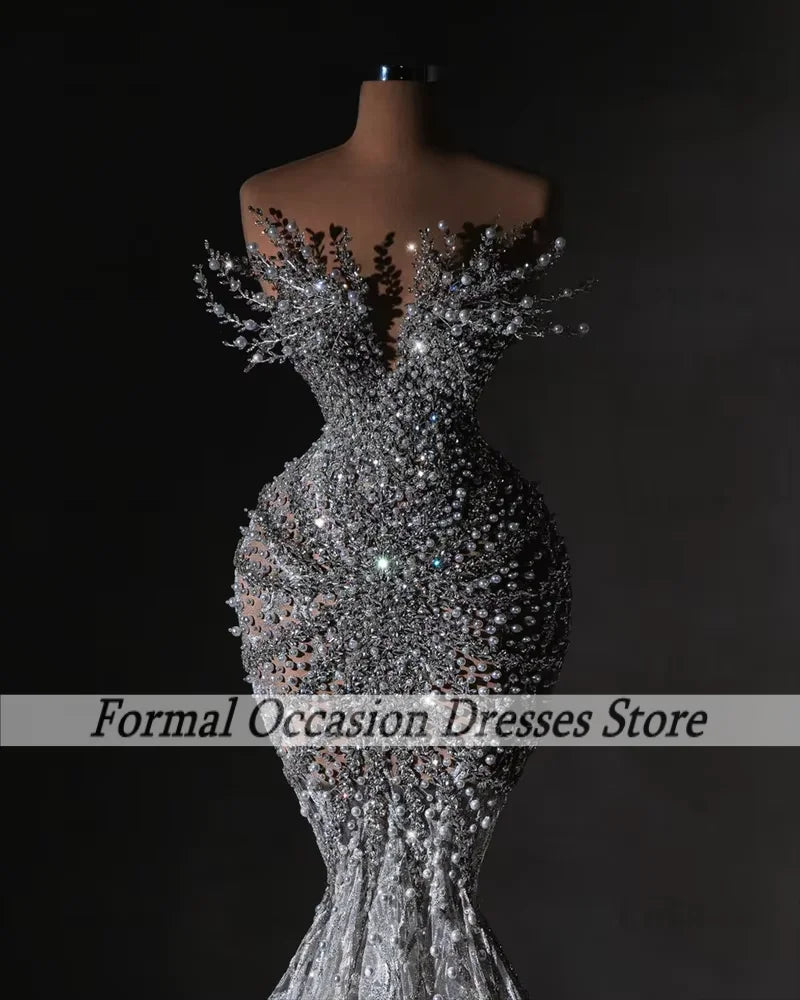 Luxury Lace Wedding Dresses Crystal Pearls See Through Princess Bridal Gowns Arabic Dubai Bata Novia Customized