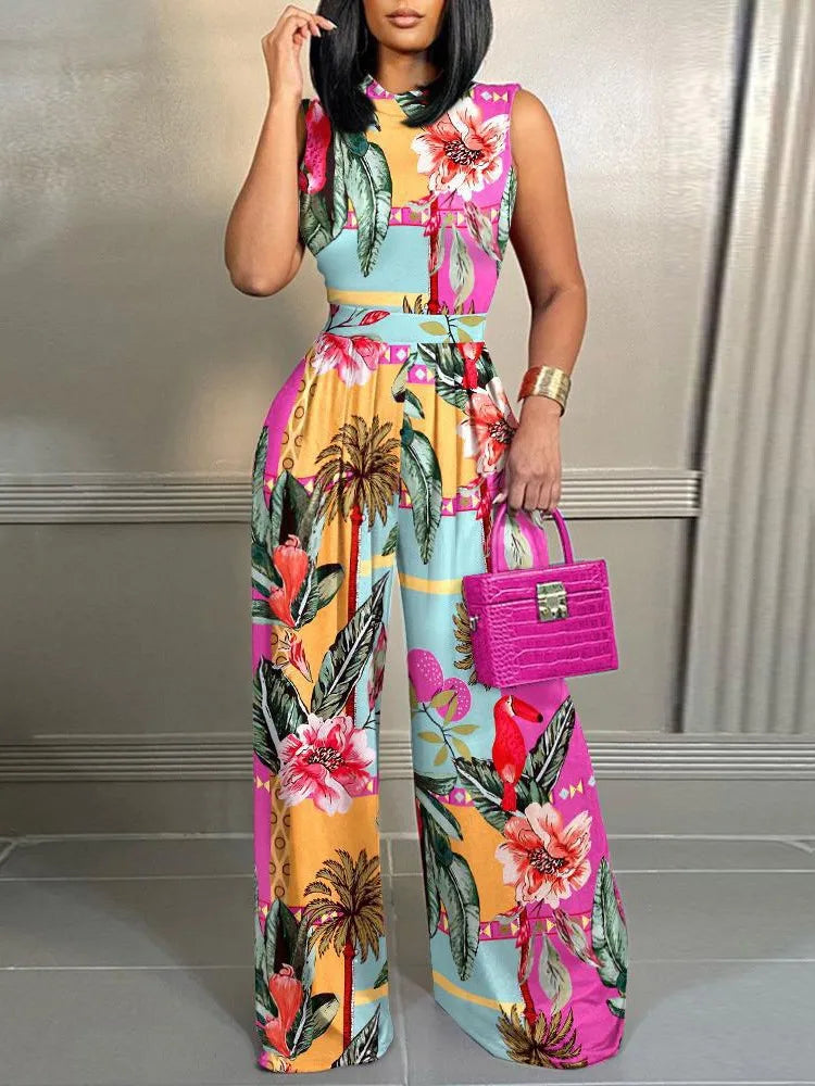 Elegant Women Wide Leg Long Juumpsuit 2024 Spring Summer Fashion Printed Sleeveless Casual Holiday Bodysuits Jumpsuits Trousers