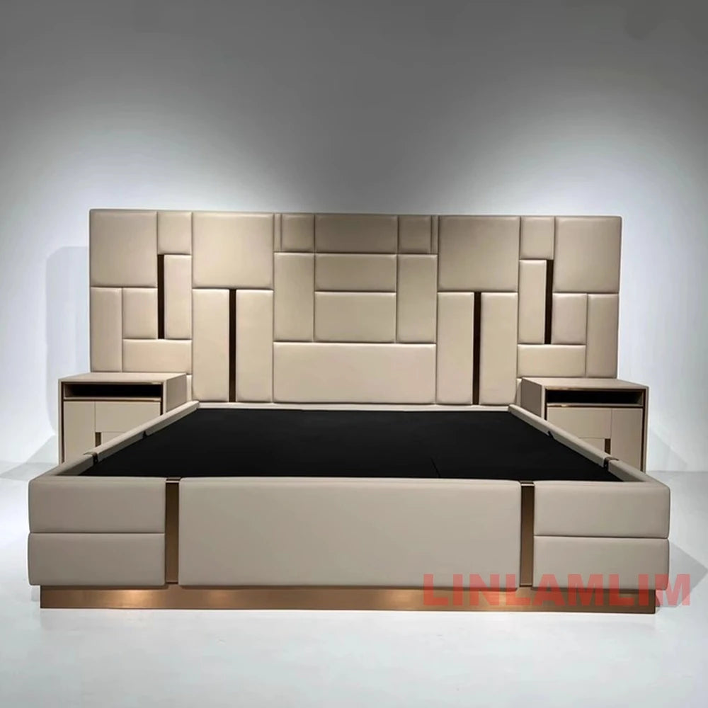 MANBAS Luxury Modern King Size Bed with Soft Upholstered Headboard and Storage Nightstands - Genuine Leather Bedroom Furniture