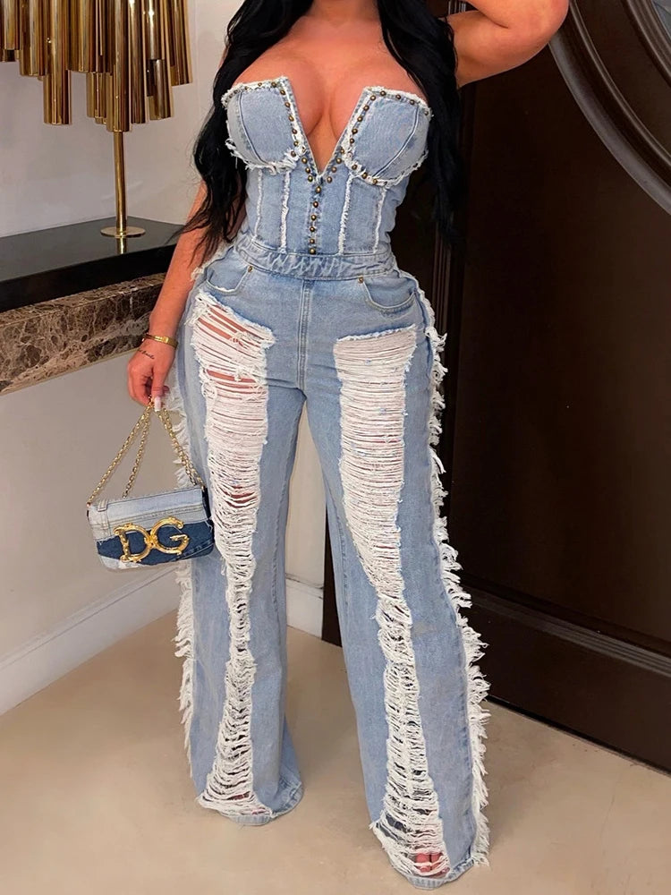 Sibybo Tassel Hollow Out  Overalls For Women Studded Diamond Strapless Backless Jeans Street Fashion Trend Jumpsuite Femme