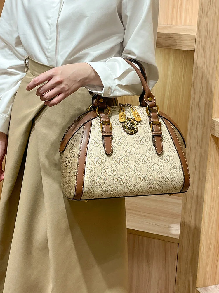 Khaki Retro Leather Women's Handbag Fashion Geometric Floral Girls Shoulder Bag Hundred Splicing Color Collision Girls Crossbody