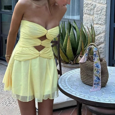 Female Solid Pleat Party Dress Women High Street Cocktail Mini Dress Sexy 2025 Strapless Night Club Hollow Backless Mini Dress