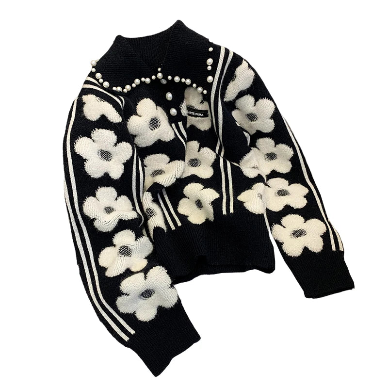 Pearl Beading Floral Knitted Women Sweater Tops 2023Autumn Winter Vintage Elegant Ladies Pullover Long Sleeve Fashion Jumpers