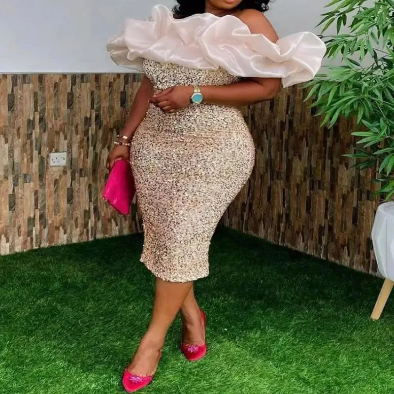 2025 African Dresses for Women Summer Elegent African Women Sequin Solid Color Knee-length Dress African Clothes Women