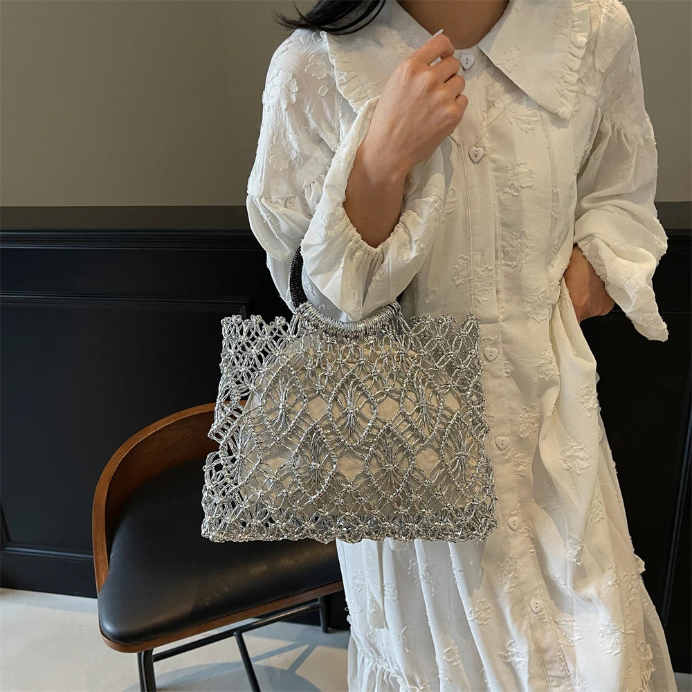 MOODS Handmade Woven Design Round Handle Handbags For Women Eco-friendly Craft Paper Hollow-out Luxury Designer Top-handle Bags