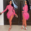 Sexy Pearls Rhinestone Party Dresses Women Elegance Nightclub Feather Birthday Dress Long Sleeve Mesh Sheer Bodycon Mini Dress