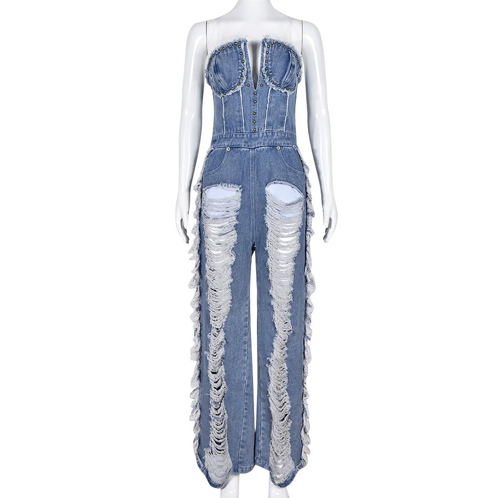 Sibybo Tassel Hollow Out  Overalls For Women Studded Diamond Strapless Backless Jeans Street Fashion Trend Jumpsuite Femme