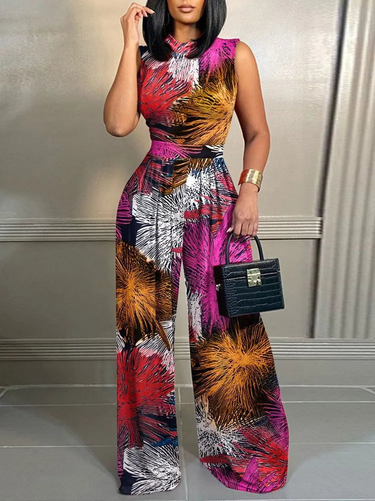 Elegant Women Wide Leg Long Juumpsuit 2024 Spring Summer Fashion Printed Sleeveless Casual Holiday Bodysuits Jumpsuits Trousers