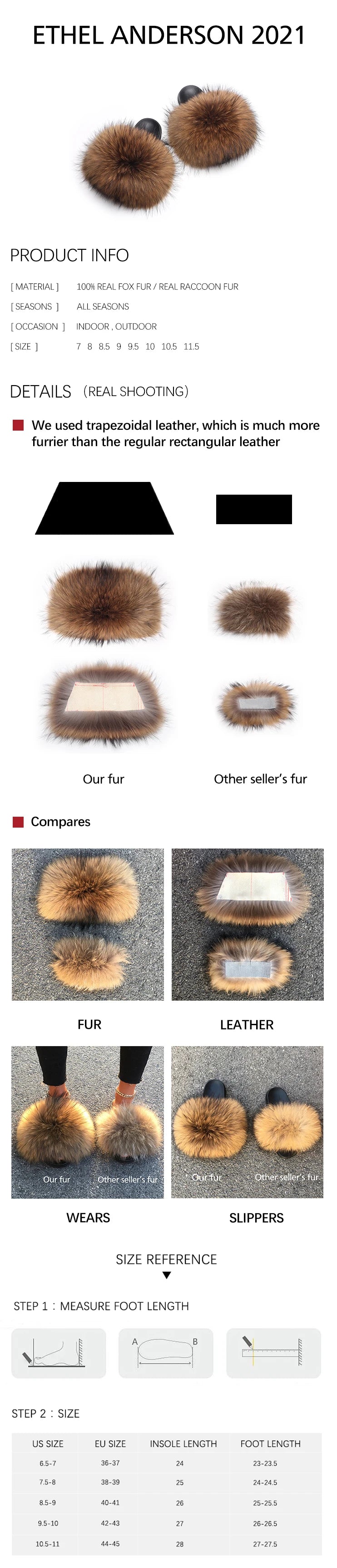 Extra Large Fur Slippers Real Fox Raccoon Fur Slides Flat Flip Flops Beach Designer Sandals Cute Plush Hair Furry Shoes Woman
