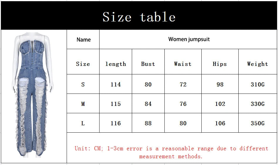 Sibybo Tassel Hollow Out  Overalls For Women Studded Diamond Strapless Backless Jeans Street Fashion Trend Jumpsuite Femme
