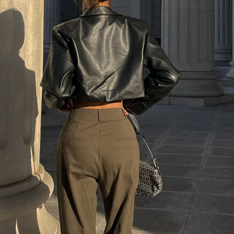 Xeemilo Autumn Faux Leather Short Jacket Y2K Turn-down Collar Fashion Botton Decoration PU Coat 2022 Grunge Street Casual Coats - MAGUSTA BEAUTY