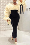 Plus Size Formal Black Wrap Neck Batwing Sleeve Long Sleeve Fold Maxi Dresses