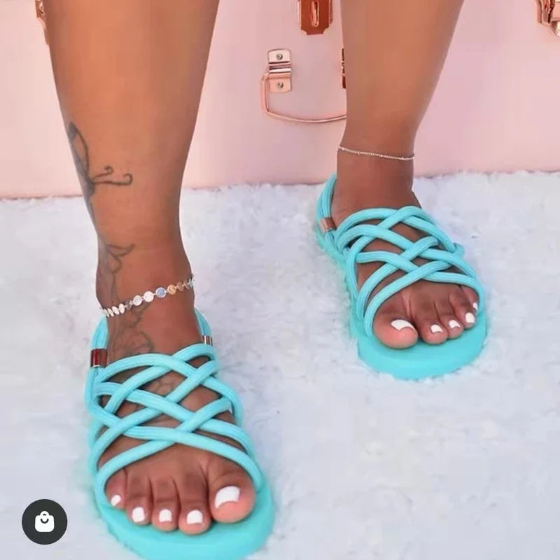 Large size women sandals 2022 summer flat women's shoes hemp rope set foot beach sandals outdoor all-match casual slippers