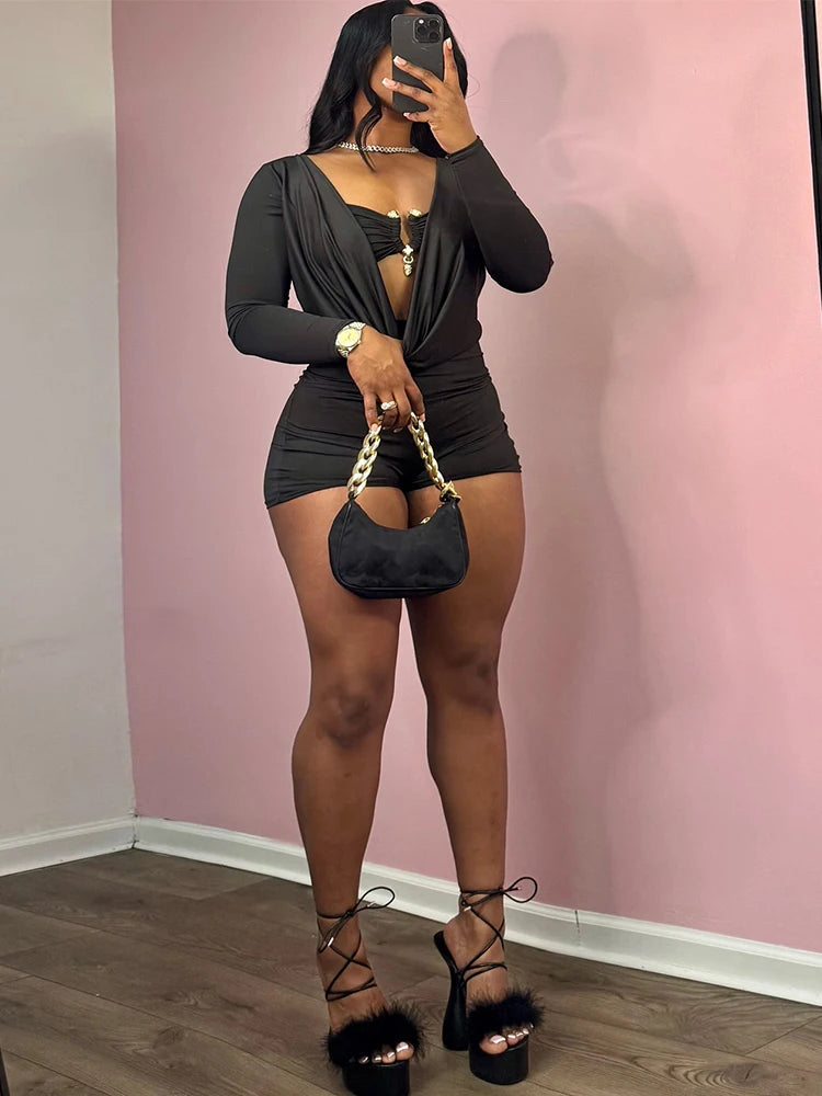 Insglas Spring Trend Swing Collar Sexy Women Romper+Metal buckle Bra Hipster Midnight Party New Workout Fit Coquette Playsuits