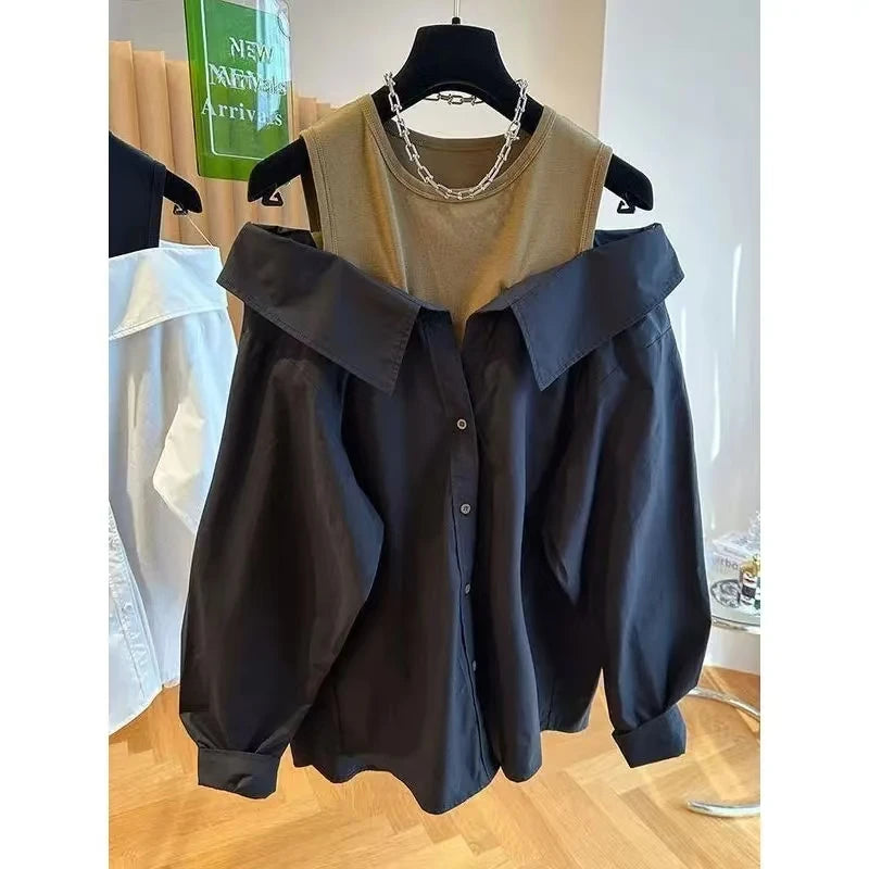 New Off The Shoulder Blouses Women Slim and Loose Tank Top Spliced Long Sleeve Shirts Autumn Round Neck Fashion Shirts Women Top