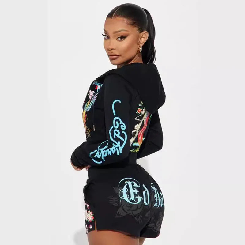 Sifreyr Street Printed Fashionable Casual Versatile Shorts Set Hooided Long Sleeved Zipper Cardigan Jacket High Waist Suit