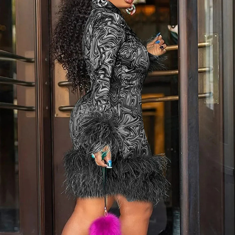 Vintage Mini Dress Women African Spring Feather Fall Sexy Bandage Long Sleeve Africa Bodycon Party Vestidos Birthday Streetwear
