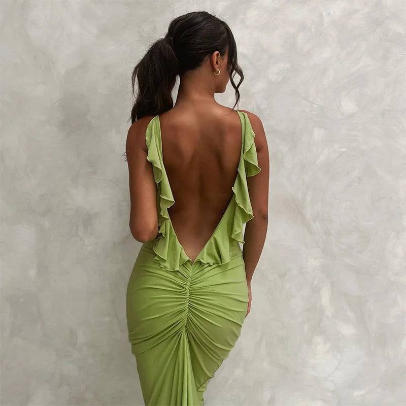 Ruffles Backless Sheath Bodycon Maxi Dresses Party Sleeveless Camisole Robe Femme V Neck Summer Dress Woman Sexy Vestidos Mujer