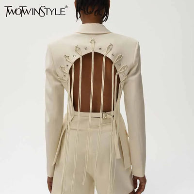 TWOTWINSTYLE Patchwork Diamonds Backless Blazer For Women Notched Collar Long Sleeve Spliced Button Chic Blazers Female Style