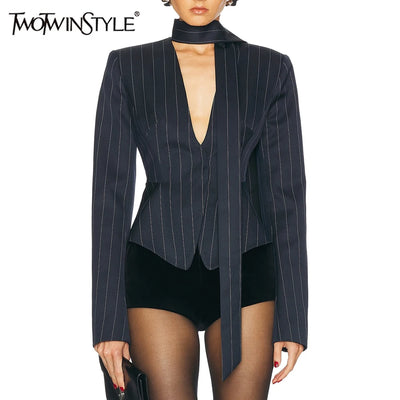 TWOTWINSTYLE Colorblock Striped Slimming Blazers For Women V Neck Long Sleeve Tunic Temperament Coats Female Fashion Clothes New