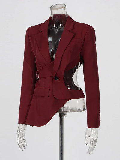 TWOTWINSTYLE Hollow Out Backless Slimming Blazers For Women Notched Collar Long Sleeve Spliced Button Irregular Blazer Female