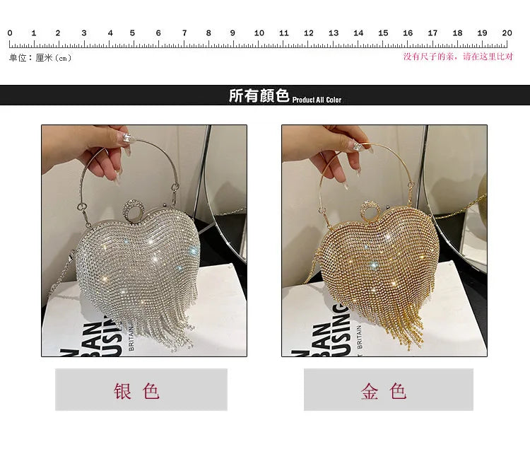 Rhinestone Evening Bag Heart Pattern Silver Handbag Womens Diamond Tassel Banquet Clutch And Purse Wedding Bridal Prom Wallets