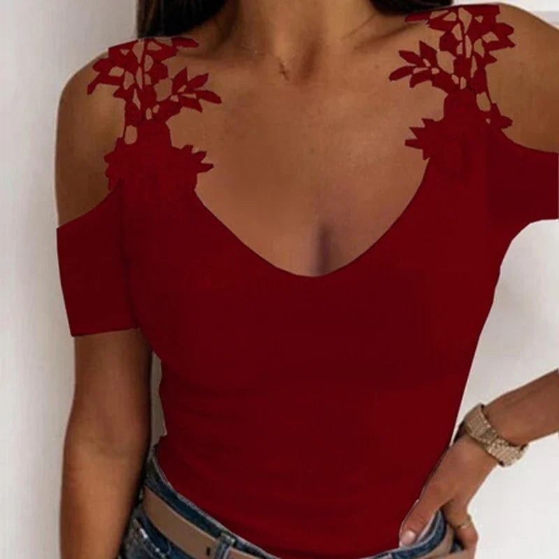 Lace Hollow Off Shoulder Short Sleeve Women V-Neck Sexy T-Shirts Solid  Slim Female Summer Casual Tops Tee Tunic