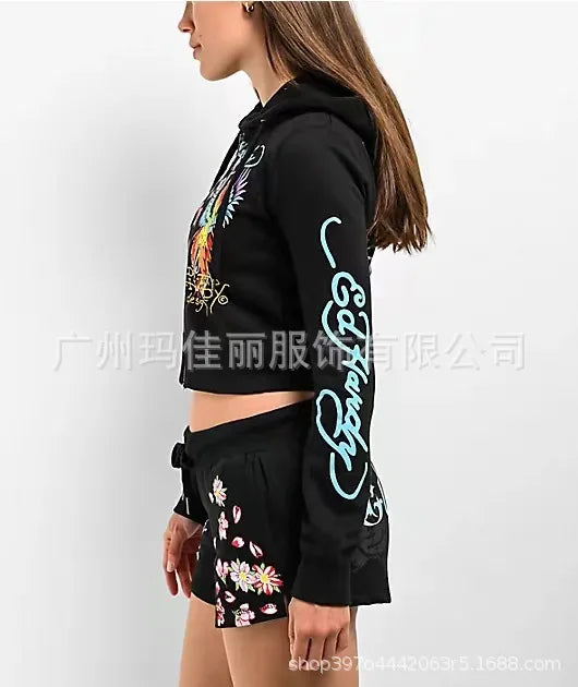 Sifreyr Street Printed Fashionable Casual Versatile Shorts Set Hooided Long Sleeved Zipper Cardigan Jacket High Waist Suit