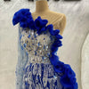 Sparkly Silver Beaded Royal Blue Evening Dress With Side Ruffles Elegant Single Sleeve Mermaid Wedding Party Gowns Vestido De