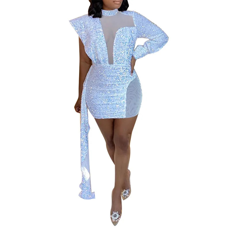Autumn and Winter Women's Clothing Semi-turtleneck Mesh Beads Tight Hip-wrapped Sexy Evening Dress
