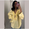 Solid Ruffles Full Sleeve Chiffon Shirt Women Casual Loose V Neck Long Sleeves Street Blouses 2025 Spring Summer Holiday Tops