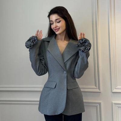 Spring Autumn Women 3D Flowers Long Sleeve Blazer Coat Chic Turn Down Collar Floral Suits Jacket Slim Waist Fit OL Cardigan Tops