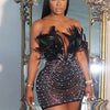 Znaiml Sexy Feathers Rhinestones Backless Diamond Sheer Mesh Bodycon Dresses for Woman Rave Club Birthday Party Night Vestidos