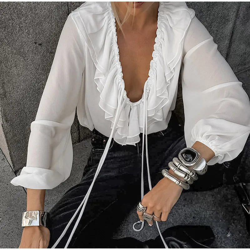 Solid Ruffles Full Sleeve Chiffon Shirt Women Casual Loose V Neck Long Sleeves Street Blouses 2025 Spring Summer Holiday Tops