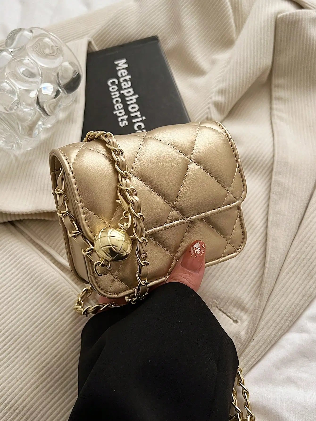Simple And Versatile Texture Mini Bag With Gold Ball Chain Strap Shoulder Bag Crossbody Bag 	Purse Women's Bag