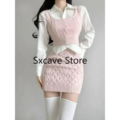 Spring Elegant Vintage Knitted Suits Women Even Party Clothing Korean 3 Piece Dress Set Office Lady Sweater Vest + Mini Skirt