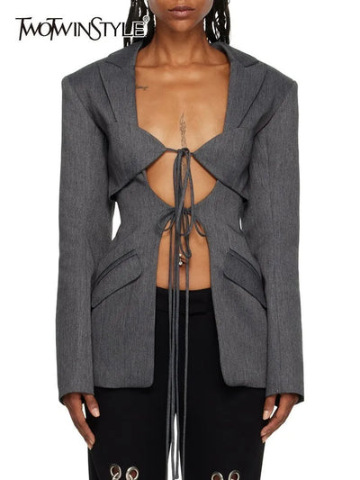 TWOTWINSTYLE Patchwork Lace Up Hollow Out Blazer For Women Notched Collar Long Sleeve Tunic Designer Blazers Female Fashion New