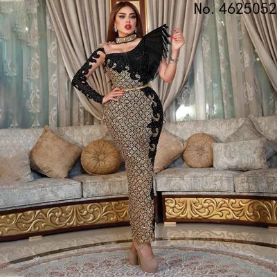 Customized Long Black Dresses Velvet Sequins Embroidered Chest Wrapped Puff Sleeve Dress Classy Ladies Spring Fall Party Celebri