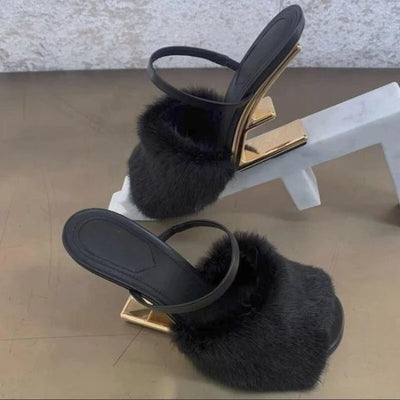 Fashion Fur Slippers Women Designer Sexy Peep Toe Gladiator Sandals Dress Pumps Spring Strange Heel Mules High Heel Wedge Shoes