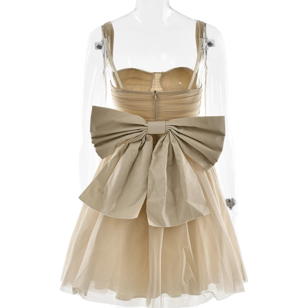 Fantoye Glitter Bright Silk Sparkling Bow Women Dress Apricot Spaghetti Strap Mini Dress Female Spring Slim Elegant Party Dress