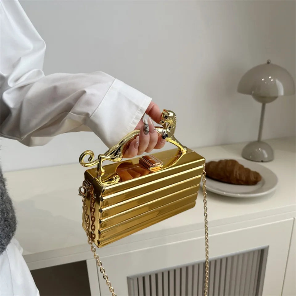 Leopard handle Luxury Gold Silver Party Evening Bag For Women Chain Clutch Handbags And Purses Mini Crossbody Shoulder Phone Bag
