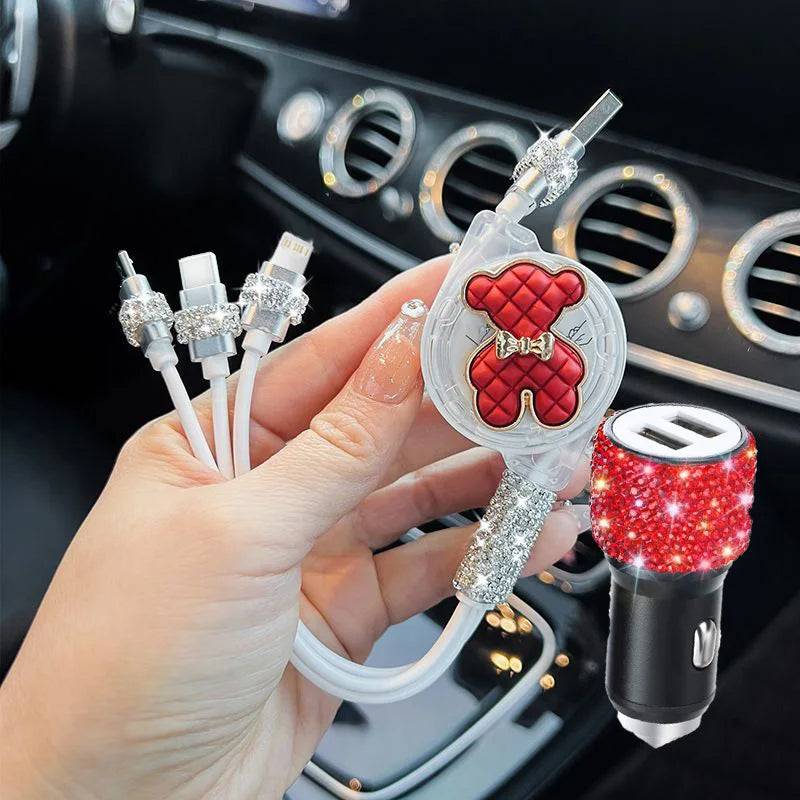 MINISO Retractable 3 in1 Fast Charge Data Cable Car Fast Charge Line Type-C For iphone samsung huaw Dual USB Car Charger