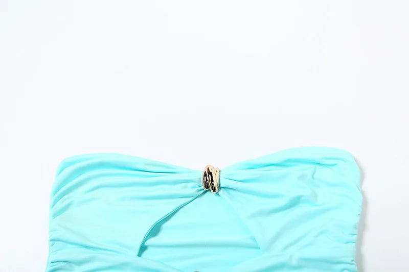 VEITCHE Summer Women Hollow Metal Buckle 2 Piece Skirt Sets Sexy Ruche Tops And Split Maxi Skirt Matching Clubwear Outfits