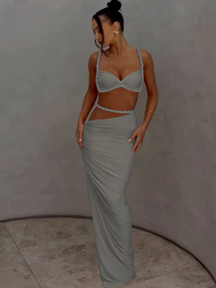 Nibber Sexy Women 2 Piece Set Bandage Ruched Square Collar Bra+Skinny Long Skirts 2025 Summer Vacation Beach Party Trend Suits